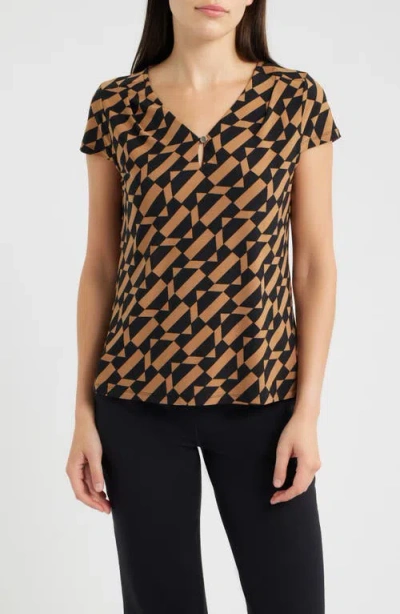 Ak Anne Klein Geometric Cap Sleeve Pleat Neck Top In Multi