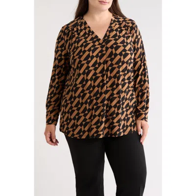 Ak Anne Klein Geometric Print Split Neck Long Sleeve Top In Brown