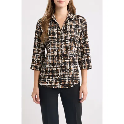 Ak Anne Klein Grid Print Three-quarter Sleeve Button Front Shirt In Multi