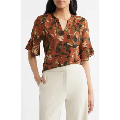 Ak Anne Klein Leaf Print Ruffle Sleeve Shirt In Brown