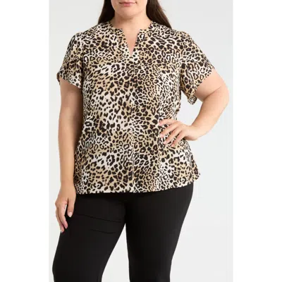 Ak Anne Klein Leopard Print Tulip Sleeve Popover Top In Brown