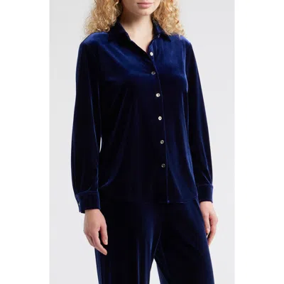 Ak Anne Klein Long Sleeve Velvet Button-up Shirt In Blue