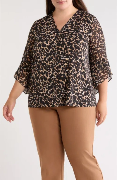 Ak Anne Klein Mixed Media Split Neck Top In Black