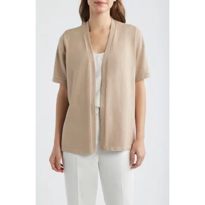 Ak Anne Klein Newport Open Front Elbow Sleeve Cardigan In Brown