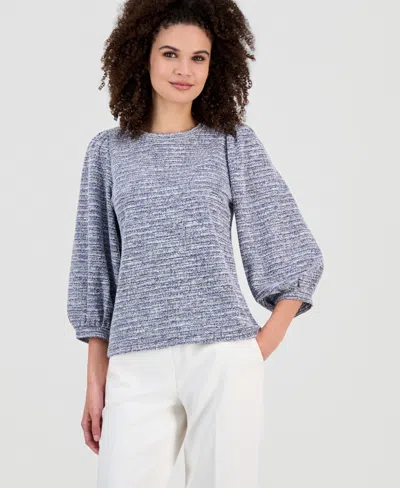 Ak Anne Klein Petite 3/4-balloon-sleeve Boucle Top In Blue