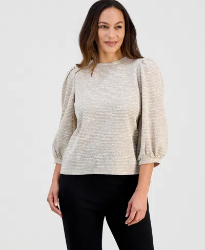 Ak Anne Klein Petite 3/4-balloon-sleeve Boucle Top In Neutral