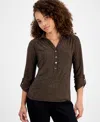 Ak Anne Klein Petite 3/4-sleeve Roll-tab Collared Top In Brown