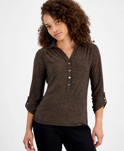 Ak Anne Klein Petite 3/4-sleeve Roll-tab Collared Top In Multi