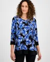 Ak Anne Klein Petite 3/4-sleeve Solid-trim Printed Tunic In Vibrant Cobalt Multi
