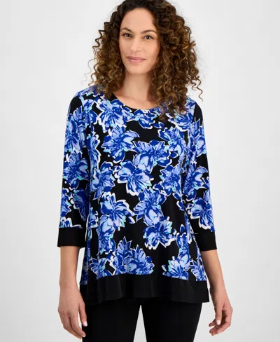 Ak Anne Klein Petite 3/4-sleeve Solid-trim Printed Tunic In Vibrant Cobalt Multi