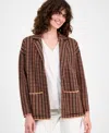 Ak Anne Klein Petite Checked Notched-collar Sweater In Brown