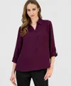 Ak Anne Klein Petite Collared Roll-tab-sleeve Shirt In Purple