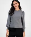 Ak Anne Klein Petite Crewneck Long-puff-sleeve Sweater In Gray