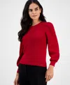 Ak Anne Klein Petite Crewneck Long-puff-sleeve Sweater In Red