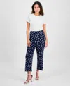 Ak Anne Klein Petite Dot-print Pull-on Mid-rise Pants In Distant Mountain,bright White