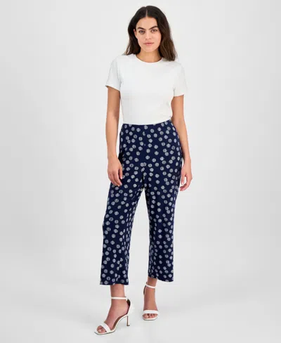 Ak Anne Klein Petite Dot-print Pull-on Mid-rise Pants In Distant Mountain,bright White