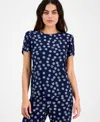 Ak Anne Klein Petite Dot-print Tulip-sleeve Top In Distant Mountain,bright White