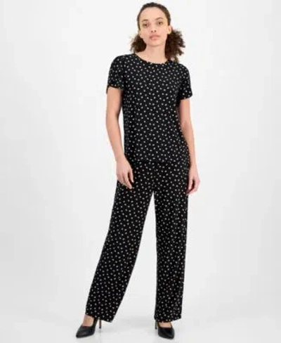 Ak Anne Klein Petite Dot Print Tulip Sleeve Top Wide Leg Pants In Anne Black Multi