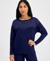 Ak Anne Klein Petite Embellished Boat-neck Sweater In Midnight