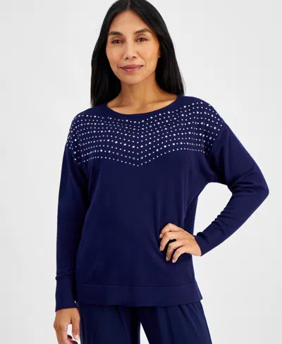 Ak Anne Klein Petite Embellished Boat-neck Sweater In Midnight