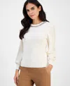 Ak Anne Klein Petite Embellished-crewneck Puff-sleeve Sweater In White