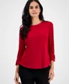 Ak Anne Klein Petite Embellished-neck Roll-tab-sleeve Top In Red