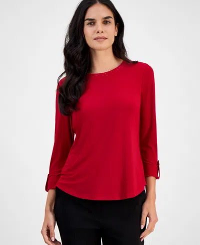 Ak Anne Klein Petite Embellished-neck Roll-tab-sleeve Top In Red