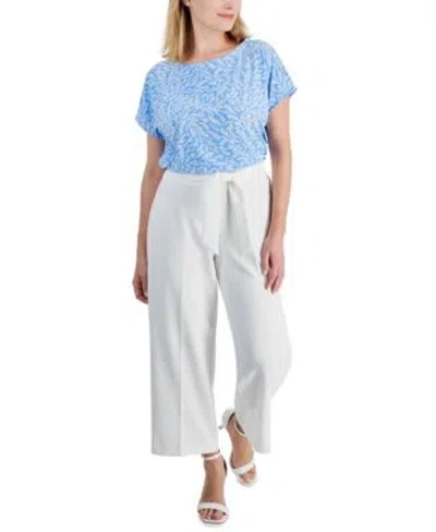Ak Anne Klein Petite Extended Shoulder Top Tie Front Wide Leg Pants In Bright White