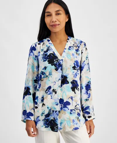 Ak Anne Klein Petite Floral Pleat-front Roll-tab Tunic In Pool Blue Multi