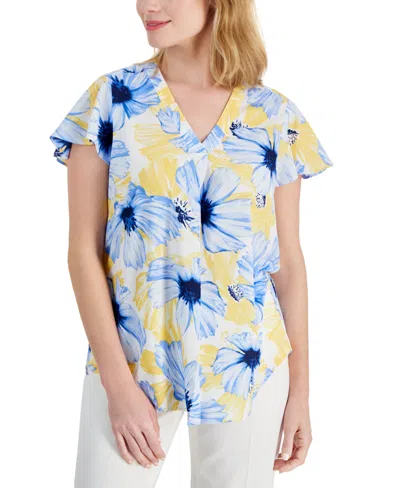 Ak Anne Klein Petite Floral Print Pleat-front Flutter-sleeve Top In Shore Blue,yellow Multi