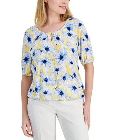 Ak Anne Klein Petite Floral Print Scoop-neck Elbow-sleeve Top In Shore Blue,yellow Multi