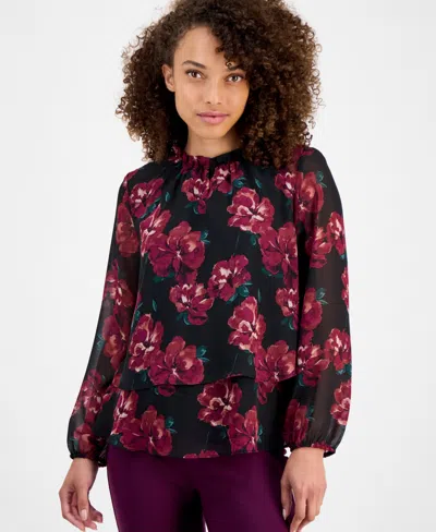 Ak Anne Klein Petite Floral-print Tiered Blouse