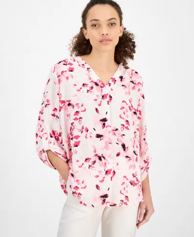 Ak Anne Klein Petite Floral-print V-neck Roll-tab Tunic In Anne White Multi