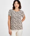 Ak Anne Klein Petite Gathered-tulip Short-sleeve Printed Top In Latte Multi