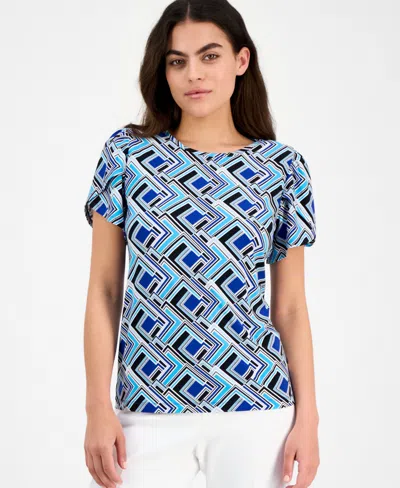 Ak Anne Klein Petite Geo-print Tulip-sleeve Top In Santorini Blue Multi