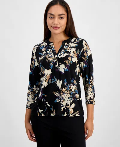 Ak Anne Klein Petite Henley-neck Floral-print Top In Black