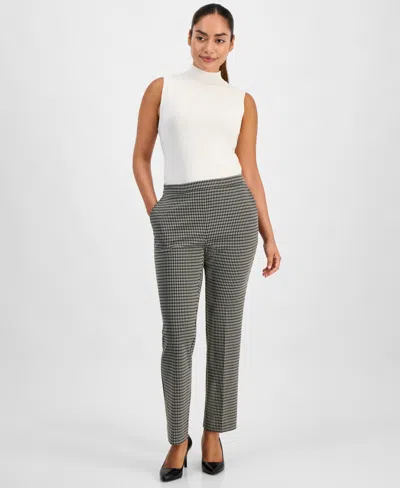 Ak Anne Klein Petite Houndstooth Mid Rise Pull-on Pants In Gray