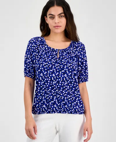 Ak Anne Klein Petite Keyhole-neck Elbow-sleeve Top In Santorini Blue Multi