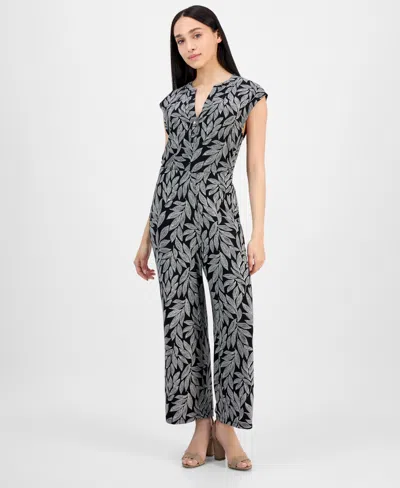 Ak Anne Klein Petite Leaf-print Cropped Wide-leg Pull-on Pants