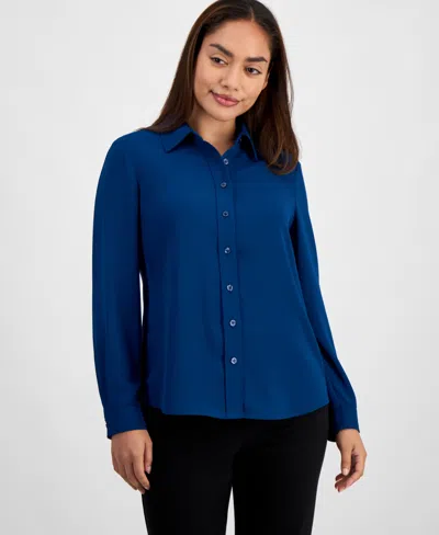 Ak Anne Klein Petite Long-sleeve Button-front Shirt In Blue