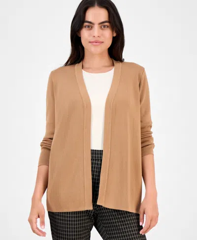 Ak Anne Klein Petite Long-sleeve Open-front Cardigan In Brown