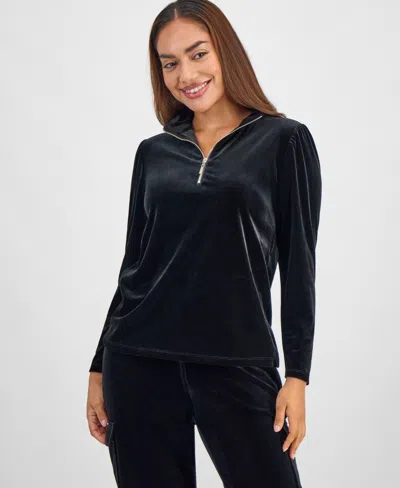Ak Anne Klein Petite Long-sleeve Quarter-zip Top In Black
