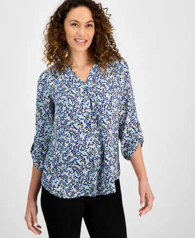 Ak Anne Klein Petite Long-sleeve V-neck Pleat-front Printed Tunic In Vibrant Cobalt Multi