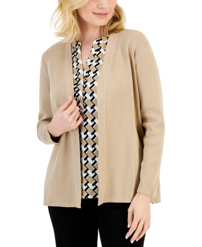 Ak Anne Klein Petite Newport Open-front Cardigan In Latte