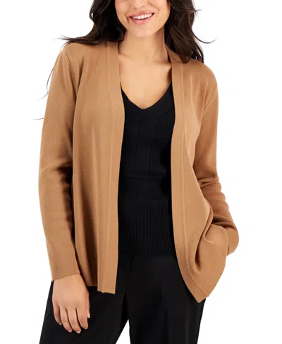 Ak Anne Klein Petite Long-sleeve Open-front Cardigan In Brown