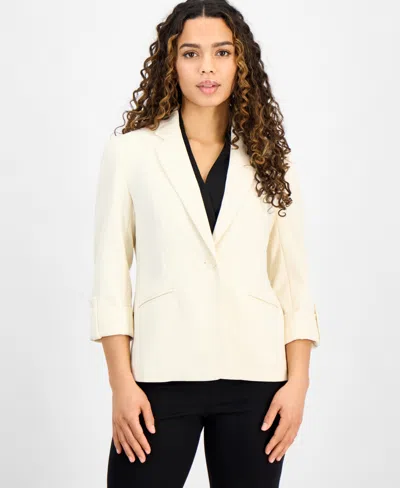 Ak Anne Klein Petite One-button Roll-tab-sleeve Blazer In Anne White