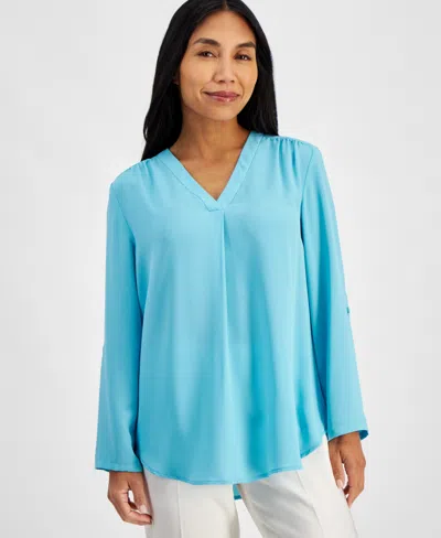 Ak Anne Klein Petite Pleat-front V-neck Roll-tab Tunic In Pool Blue