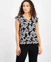 Ak Anne Klein Petite Pleated Flutter-sleeve V-neck Top In Anne Black,anne White