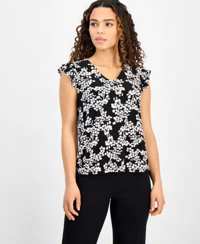 Ak Anne Klein Petite Pleated Flutter-sleeve V-neck Top In Anne Black,anne White