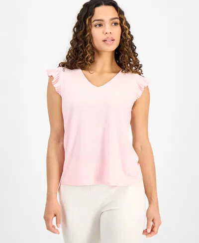 Ak Anne Klein Petite Pleated Flutter-sleeve V-neck Top In Peony Pink